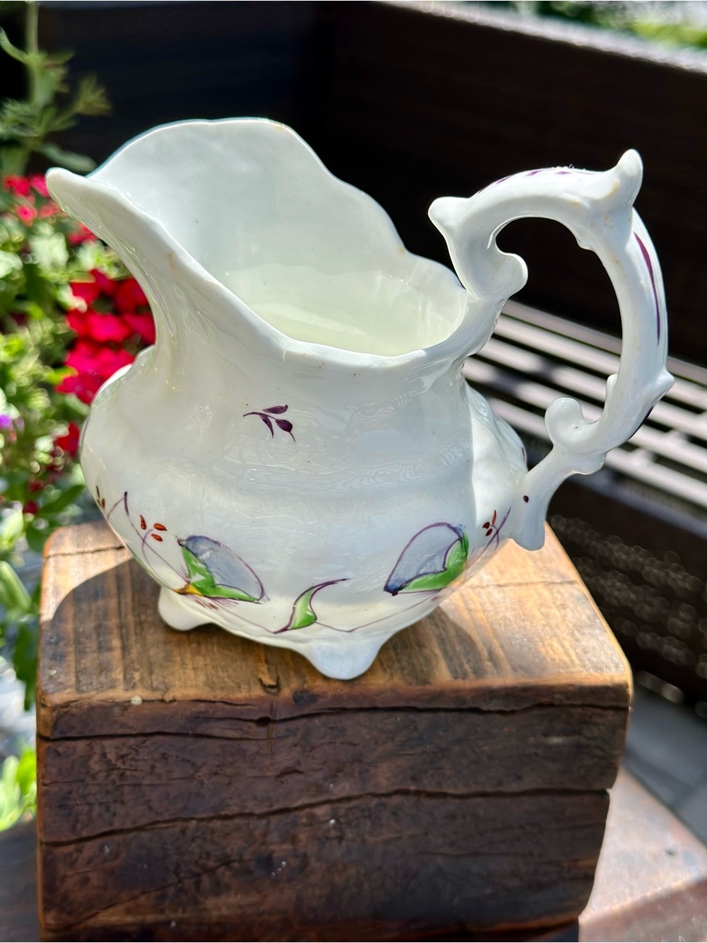 Vintage Unmarked Floral Porcelain Creamer Footed Purple Flowers Cottage
